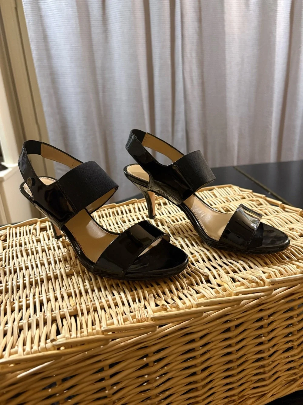 Antonio Melani Black Patent Slingback Heels with Elastic Strap - Women Shoes